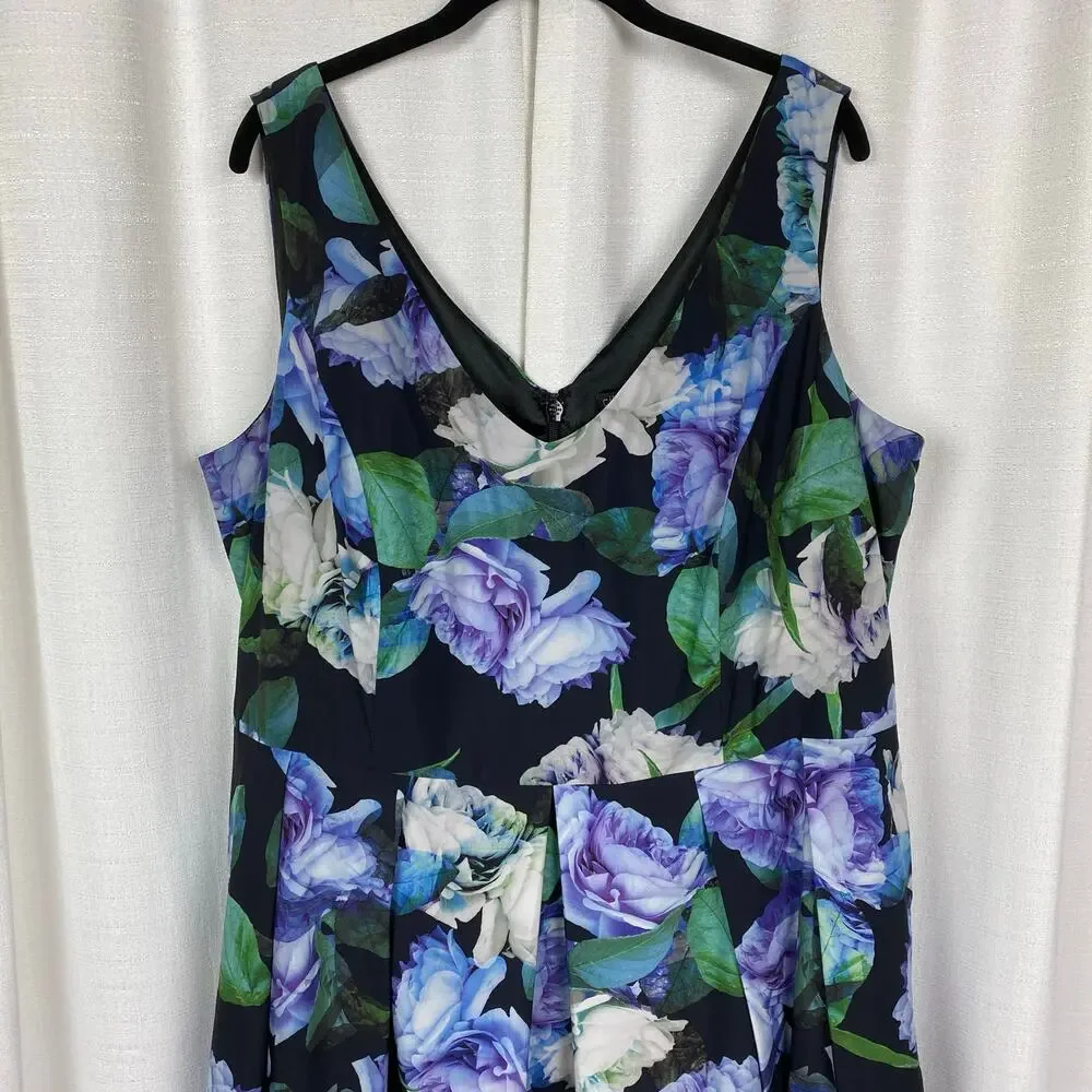 City Chic Black&Purple Floral Sateen Fit&Flare Midi Dress Sz.L/20W - Picture 3 of 13